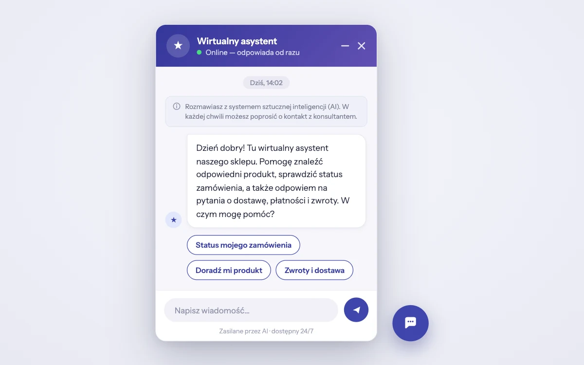 Okno chatbota AI sklepu: informacja o rozmowie z systemem AI, powitanie asystenta i przyciski szybkich odpowiedzi — status zamówienia, doradztwo produktowe, zwroty i dostawa